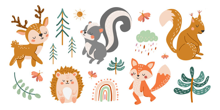 Set of cute forest animals. Vector illustration in hand drawn style. Deer, squirrel, skunk, hedgehog, fox, trees, Christmas trees in flat style. Children's background, banner, poster. 