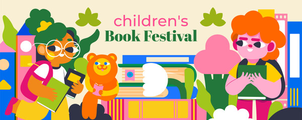Banner for the Children's Book Festival. Bright colors, fairy-tale characters, happy children and a world of imagination. Immerse yourself in the magical world of books!