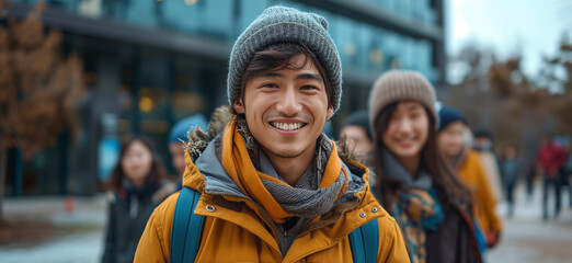 Back to school joy as diverse Asian students with winter gear smile on campus, exuding youthful energy.