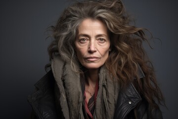 Portrait of a mature woman with windy hair, studio shot