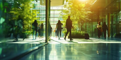 People walking in an office building with trees and sunlight - obrazy, fototapety, plakaty