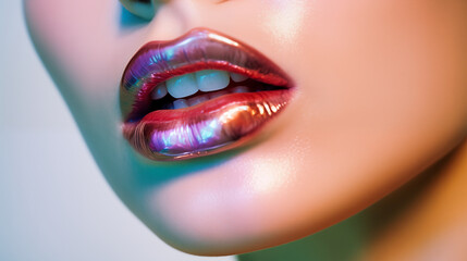 Close up of a female lips with red glossy lipstick
