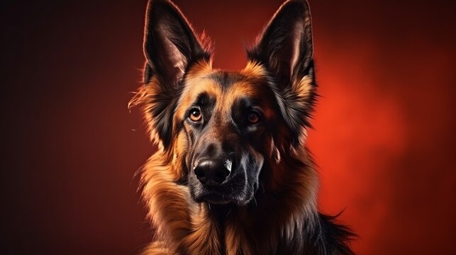 A german shepherd dog is depicted in a portrait with gradient lighting.