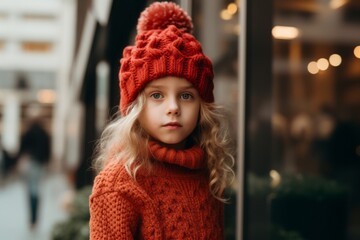 Little girl in a red knitted hat and sweater in the city.