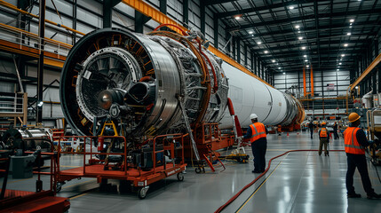 Dedicated rocket engineers meticulously assembling spacecraft in an aerospace factory