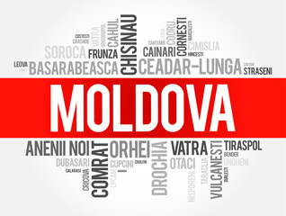 List of cities in Moldova word cloud collage, education and travel concept background