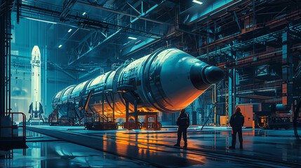 Focused aerospace technicians ensuring flawless construction of space-bound vehicle