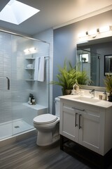 Blue and white bathroom with large shower and plants