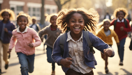 happy african american schoolchildren running through the school yard summer - obrazy, fototapety, plakaty