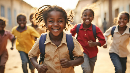happy african american schoolchildren running through the school yard emotions - obrazy, fototapety, plakaty