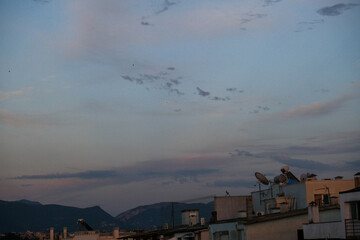 Urban city Sunset Sky Background , Colorful sky in twilight time background