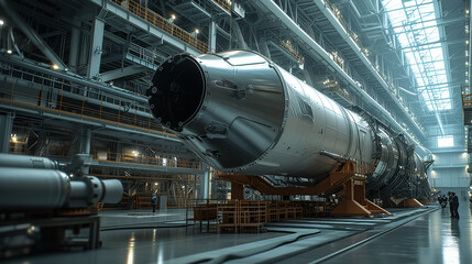 Aerospace factory scene with experts assembling powerful rocket for space missions