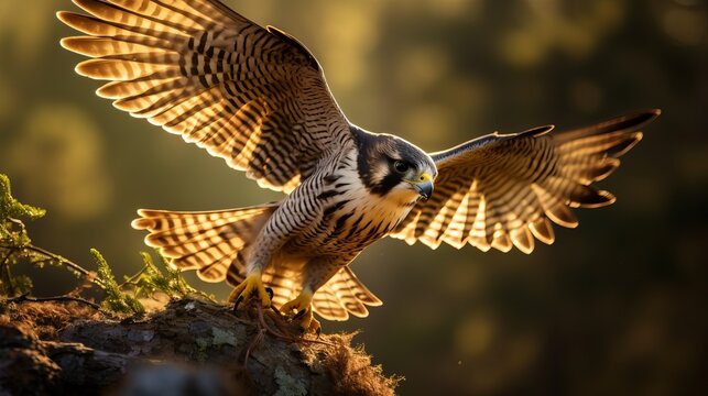 A picture that is selectively focused on a magnificent falcon standing powerfully over its prey