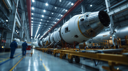 Team of engineers assembling rocket destined for cosmos in modern aerospace plant