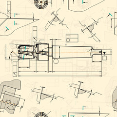 Mechanical engineering drawings on sepia background. Tap tools, borer. Technical Design. Cover. Blueprint. Seamless pattern. Vector illustration.