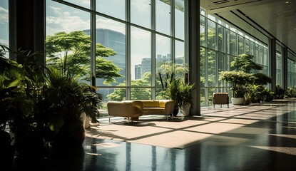 Fototapeta premium Modern Office Lobby With Large Windows And Plants