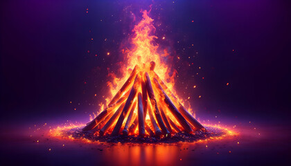 Fototapeta na wymiar Lohri bonfire with copy space on purple background.