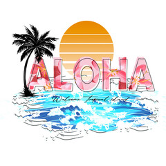 Trendy fashion T-shirt print for textile Aloha design pattern