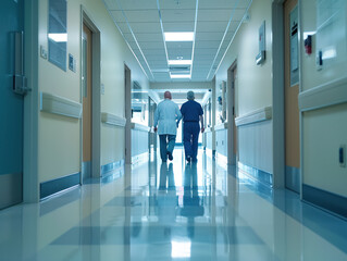 In a well-lit clinic corridor, two doctor walk discussing treatment plan. Medical staff efficiently work in a modern facility