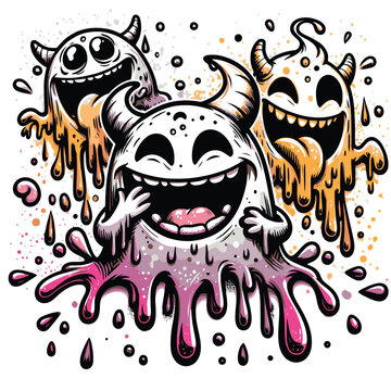 skull and crossbones, Illustration of three laughing devils with paint splashes