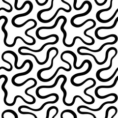 Wriggling fluid curved continuous line, endless stripe seamless vector pattern. Liquid, flowing chaotic ornament, black and white trendy background. Doodle, uneven hand drawn wavy, winding line.