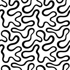 Wriggling, fluid, curved line, endless stripe seamless vector pattern. Liquid, flowing chaotic ornament, black and white trendy intricate background. Doodle, uneven hand drawn wavy, winding line.