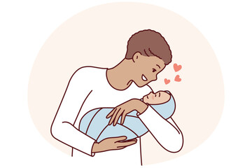 Loving man holds baby in arms and smiles enjoy communication with own son. Young positive father with short hair is happy to see newborn tot wrapped in blanket. Flat vector illustration