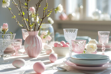 Pastel colored Easter table setting with delicate glassware. Table decor concept. Generative AI