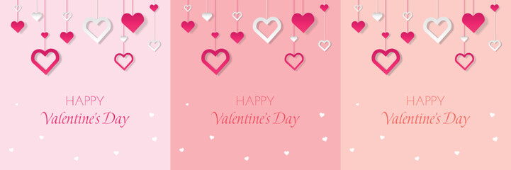Valentine's Day card with pink background and paper cut hearts. Set. Place for text editable. Happy Valentine's day  template with hearts, banner, social media, stories, post. pink color, pastel