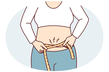 Woman wants to lose extra pounds measures waist size to track result of training. Hands girl with measuring tape to monitor progress after new diet designed to get rid excess weight. Flat vector image