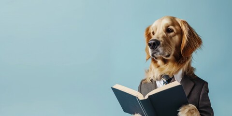 Cool looking golden retriever dog wearing suit and tie reading book isolated on light blue background with copy space - AI Generated Digital Art - obrazy, fototapety, plakaty