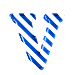 White symbol with thin blue diagonal straps. letter v