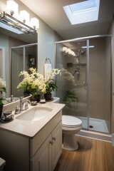 Small bathroom interior with plants and white vanity