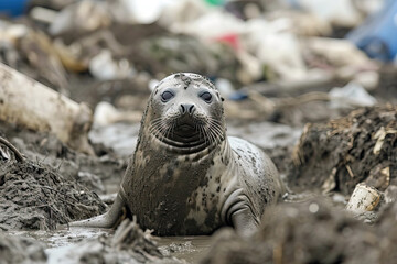 Naklejka premium Grey Seal Resting on Pile of Dirt