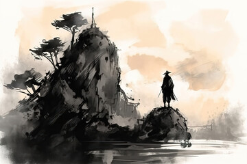 anime background with silhouette samurai - obrazy, fototapety, plakaty