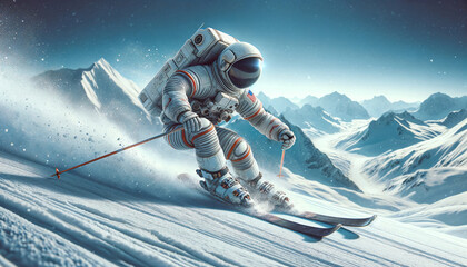 Cosmic Winter Sports: Astronaut Skiing on a Snowy Mountain Range - obrazy, fototapety, plakaty