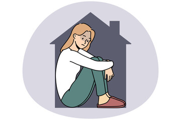 Unhappy young woman sitting in house isolating herself in dwelling. Upset stressed female suffer from self-isolation at home. Stay at home concept. Vector illustration.