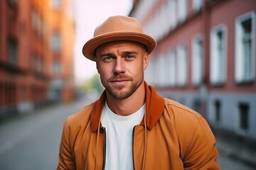 Portrait of a handsome young man in a hat standing on the street - obrazy, fototapety, plakaty