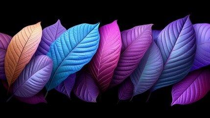Colorful leaves spread out in large groups on black background, neon and fluorescent style, neoplasticism, like real, vibrant colorism, brilliant colors, vivid color blocks, realistic Leaf texture
