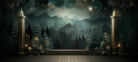 Сhristmas art deco style: green, gold, Christmas trees. Christmas themed mockup background texture. Horizontal banking poster background for advertisement. Photo AI Generated