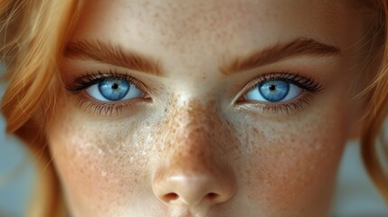 Naklejka premium A woman with freckles and beautiful blue eyes is facing one direction, close up portrait