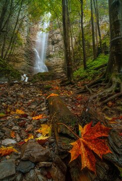 Brankovsk&yacute; waterfall during autumn tourism, it is the highest waterfall in the Low Tatras in Slovakia