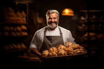 a baker holds a tray of delicious, crusty breads