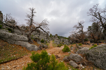 Fototapeta na wymiar Majestic view of valley with beautiful rock formations on a autumn day. Adamkayalar, Selge, Manavgat, Antalya, Turkey.