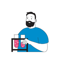 Medical concept with cartoon people in flat design for web. Man with test tubes making research of blood or other liquid in laboratory. Vector illustration for social media banner, marketing material.