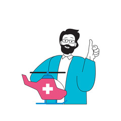Medical concept with cartoon people in flat design for web. Man works as paramedic in ambulance helicopter, helps and rescue patients. Vector illustration for social media banner, marketing material.