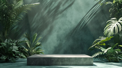 A green product background with a stone plinth and tropical leaves creates a sense of lushness and vitality. ai generated. - obrazy, fototapety, plakaty