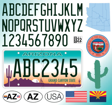 Arizona State car license plate pattern, letters, numbers and symbols, vector illustration, USA, Un ited States of America