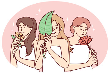 Happy women wrapped in white towels smiling after pleasant spa treatment and holding natural plants. Positive girls enjoy smell of flowers after using good shower cosmetics. Flat vector illustration