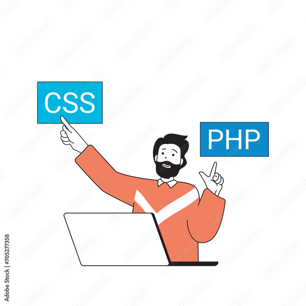 Aufkleber Programming concept with cartoon people in flat design for web. Man working as software developer and coding in css and php languages. Vector illustration for social media banner, marketing material.